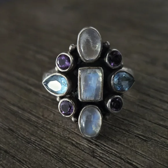Nicky Butler 925 Sterling Silver Moonstone Blue Topaz Amethyst Ring Sz 7 Vintage - Picture 12 of 16